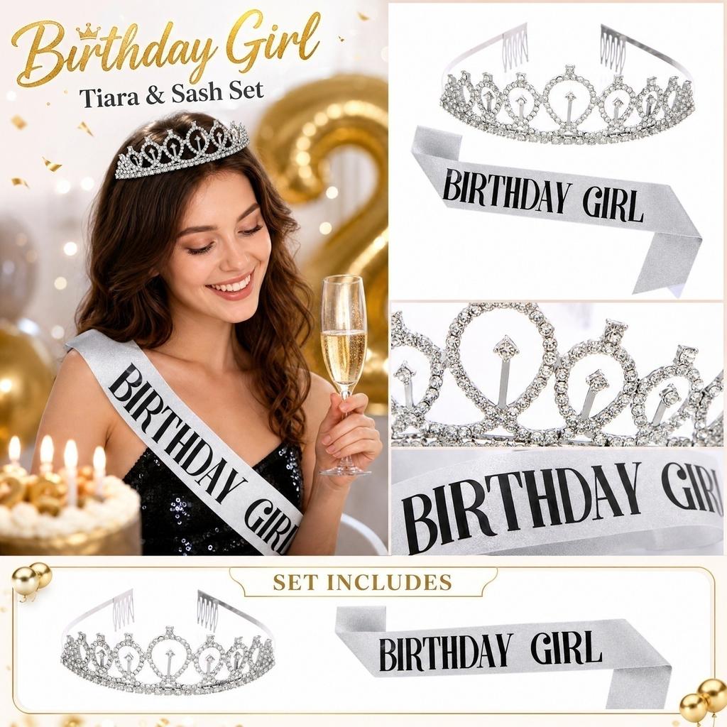 Birthday Party Sash and Headband Set - Photo Booth Prop for Celebration