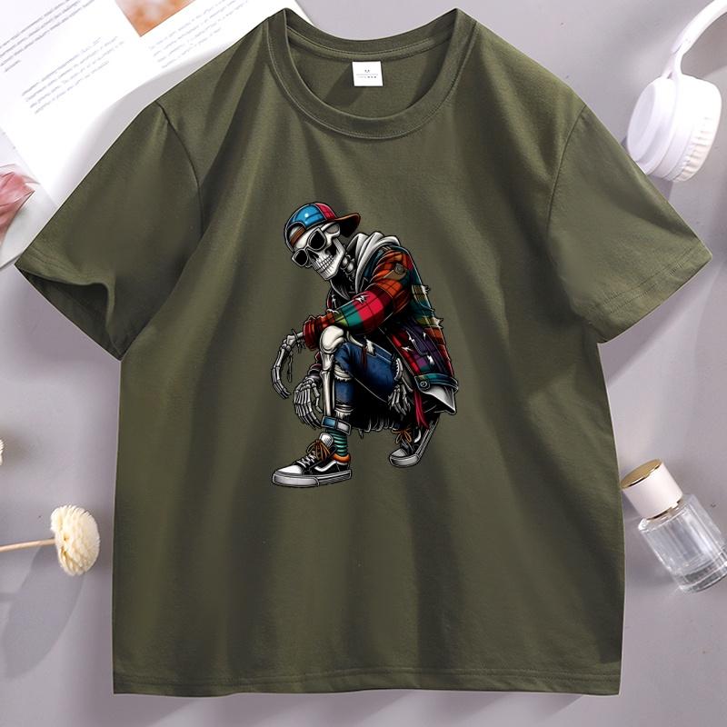 Unisexs Cotton Short Sleeve Skull Graphic Tee Casual Round Neck Short Sleeve Tshirt Cotton Printed Streetwear Male Clothing Tops