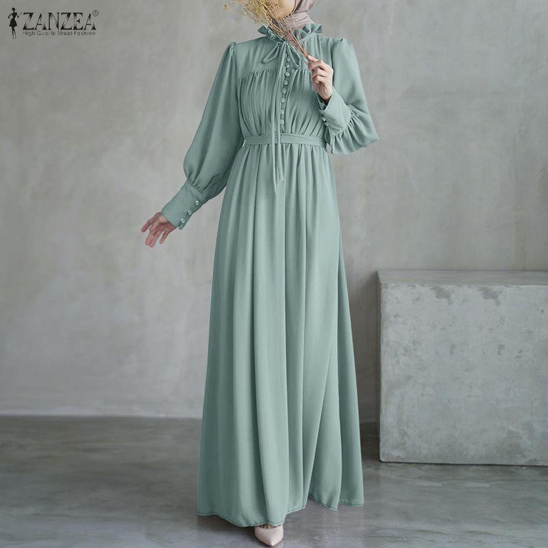 ZANZEA Women Casual Round Neck Long Sleeve Loose Long Dress