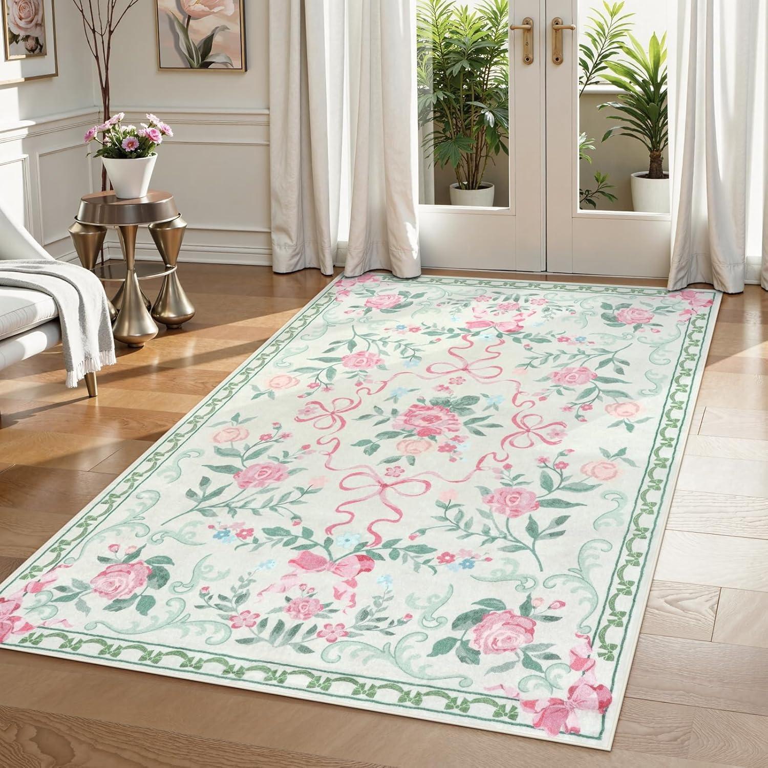 

Washable Floral Living Room Carpet Big Area Rug Bedroom Sofa Floor Mat Home Decoration Bow Design Soft Comfortable 50x80cm