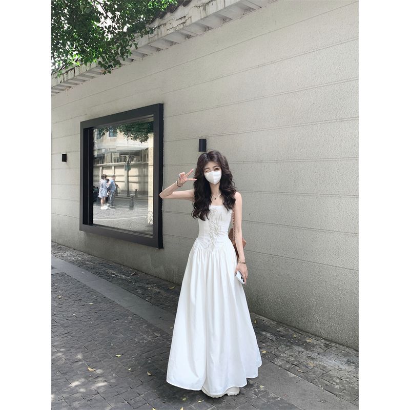 Kumikumi New Chinese Embroidery Sling Dress Women Summer Seaside Holiday Style High Waist Slimming White Long Dress