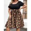 Women's Fashionable And Trendy Round Neck Short Sleeved Waist Print Dress In Plus Size