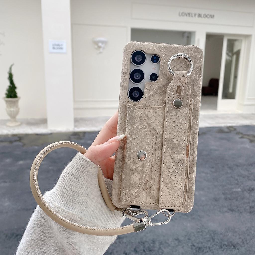 For Samsung Galaxy S25 Ultra Case Card Holder Wristband Lacquered Snake Texture PU + PC Back Cover with Lanyard