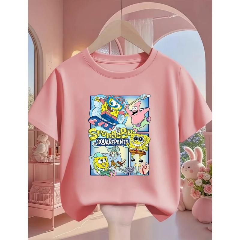 Summer Cute SpongeBob SquarePants Cartoon T Shirt 3-14Y Boys Girls Kawaii Fashion Street Hot Casual Crew Neck Kids