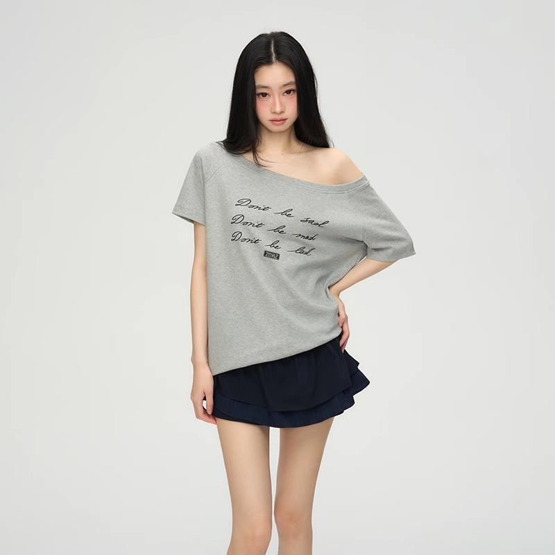 

Женская футболка с коротким рукавом из чистого хлопка с принтом букв, простая, повседневная, стильная, трендовая 2XL темно-серого