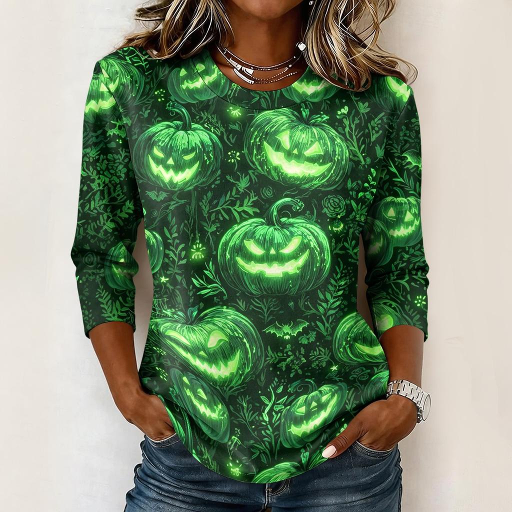 Women Loose Fit Casual 3/4 Sleeve Top Halloween Print Comfortable Pullover Lightweight Blouse for Everyday Wear