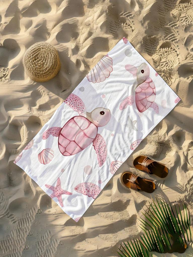Minimalist ocean lifestyle printed beach towel-soft microfiber, quick drying, oversized fit beach towel, pink turtle beach towel