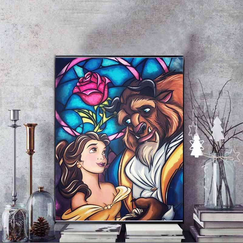 Disney Diamond Painting Belle and The Beast Stained Glass Artwork Cute DIY Rhinestone Mosaic Cross Stitch Kit Embroidery Gift Home Decor