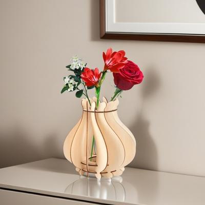 Wooden Puzzle Flower Vase with Stem Holder Heavy Duty DIY Building Block Flower Bouquet Display Stand Home Office Desktop Decoration