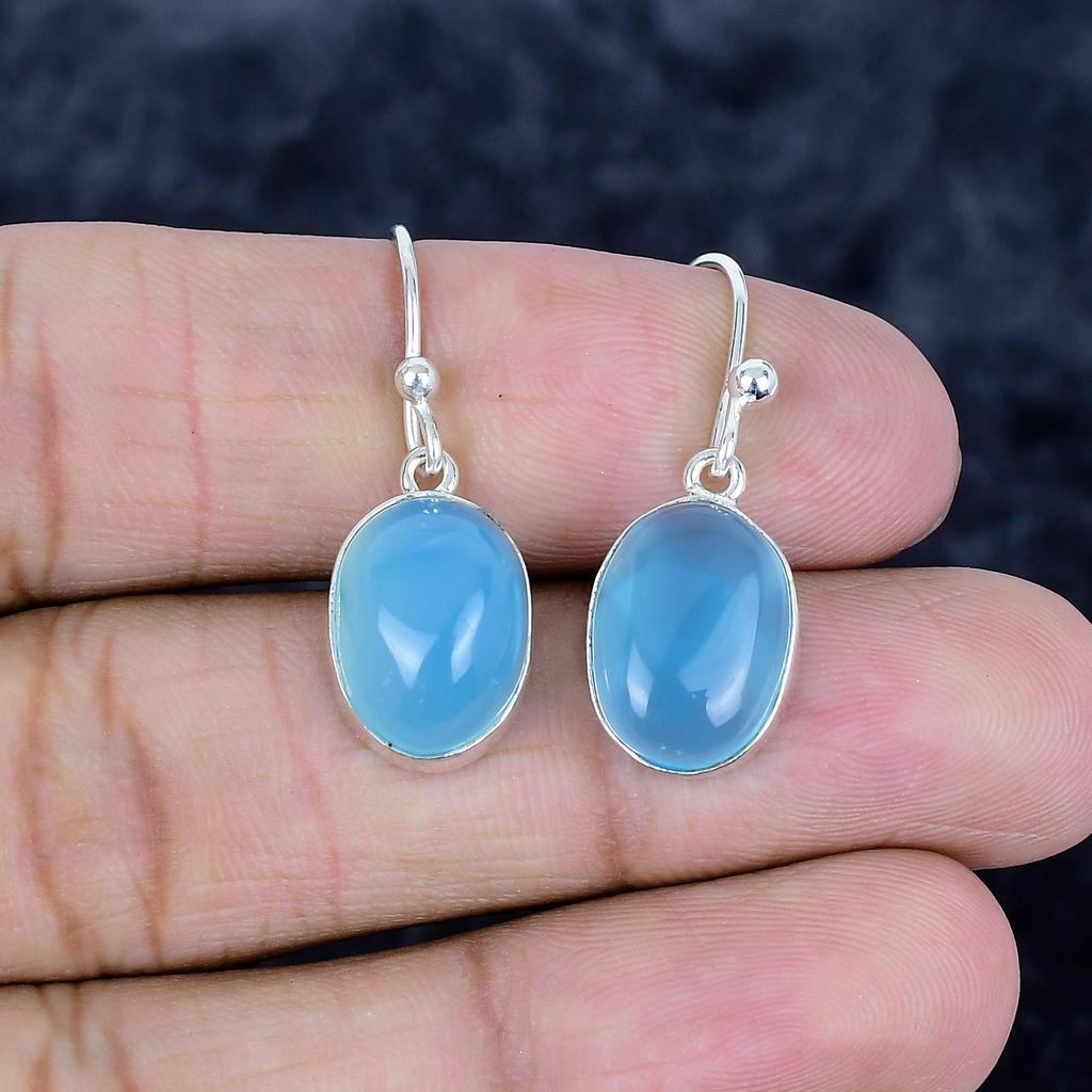 Blue Chalcedony Gemstone Handmade 925 Sterling Silver Jewelry Earring 1.26" MM-3480
