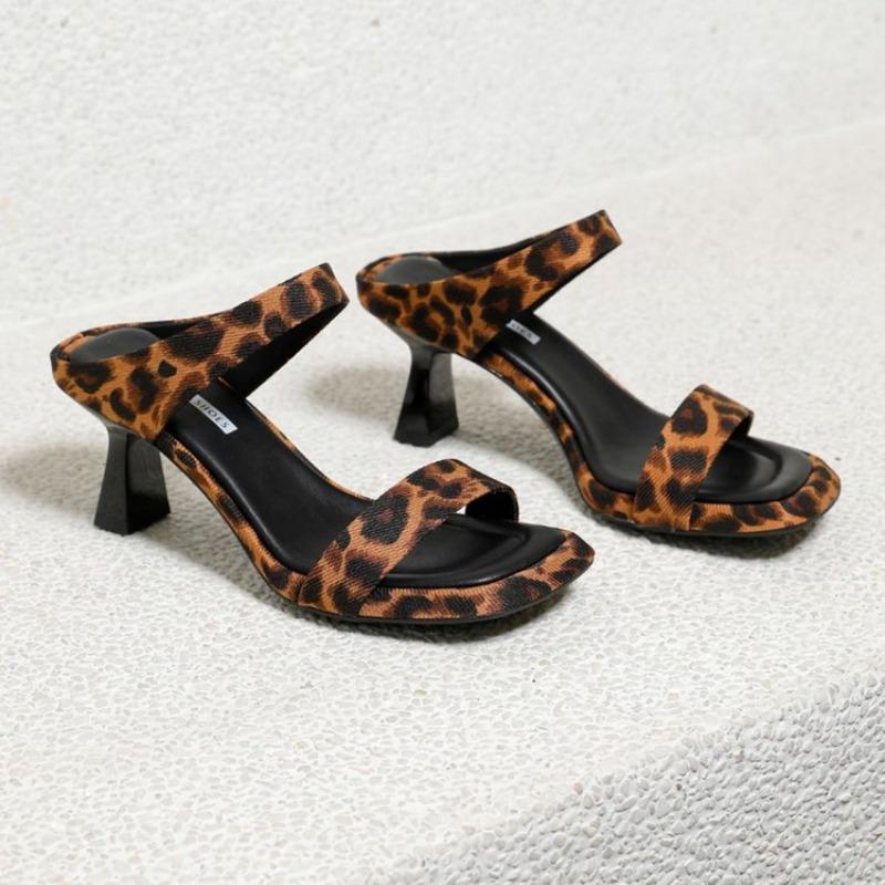 Leopard Women High Heels Slippers Sexy Shoes Square Toe Chunky Sandals 2025 New Summer Woman Party Pumps Dress Sandalias Mujer