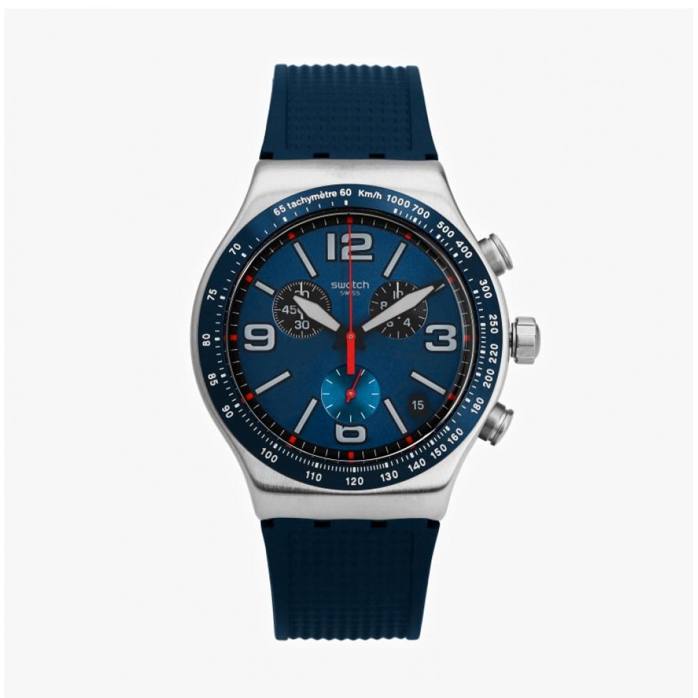 Swatch YvS454 Irony Blue Grid Chronograph Herrenuhr aus Urethan