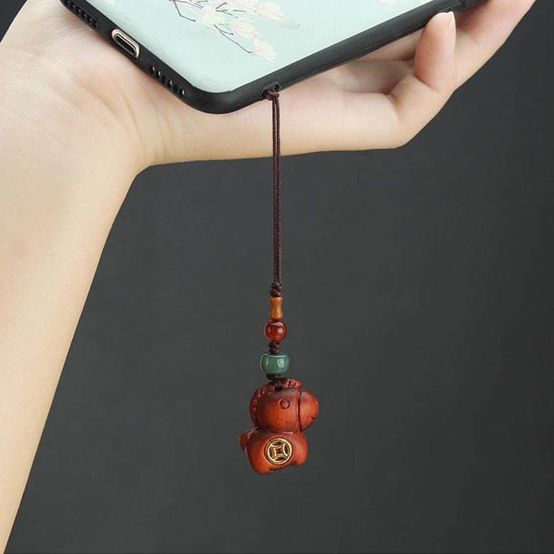 1Pc Car Keychain New Chinese Style Braiding Rope Gift Phone Keychain Creativity Pony Pendant Wood Pendant Coin Decoration