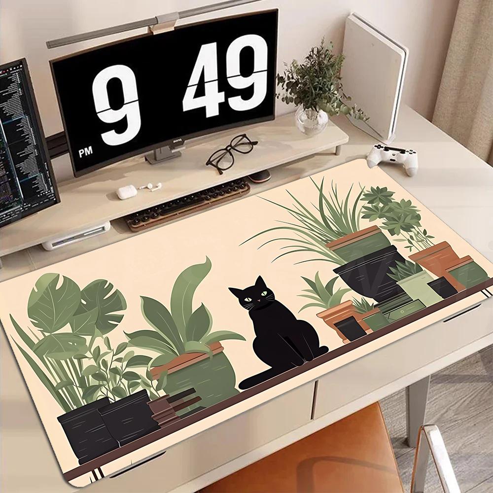 Mouse Pad Black Cat Large Keyboard Gaming White Desk Mat with Stitched Edge Rubber Antislip Coumputer Mat Carpet Mousepads
