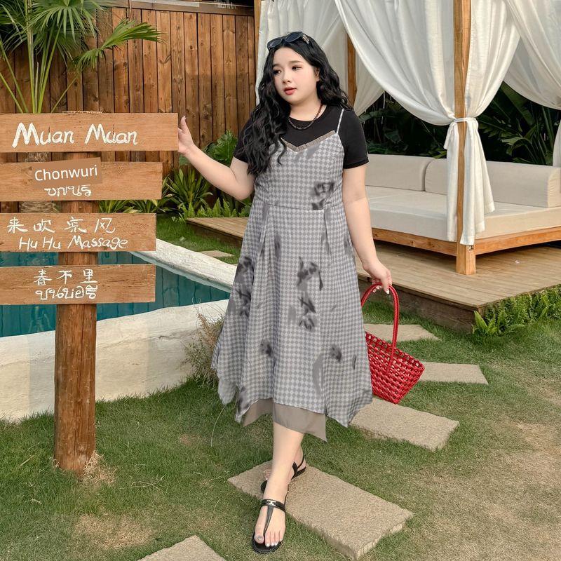 

Plus size women clothing [French style High-Grade Vacation Skirt] New Chinese Style Tie-dye Irregular Plaid Sling Full Body Dress Ash bottom flower 9xl