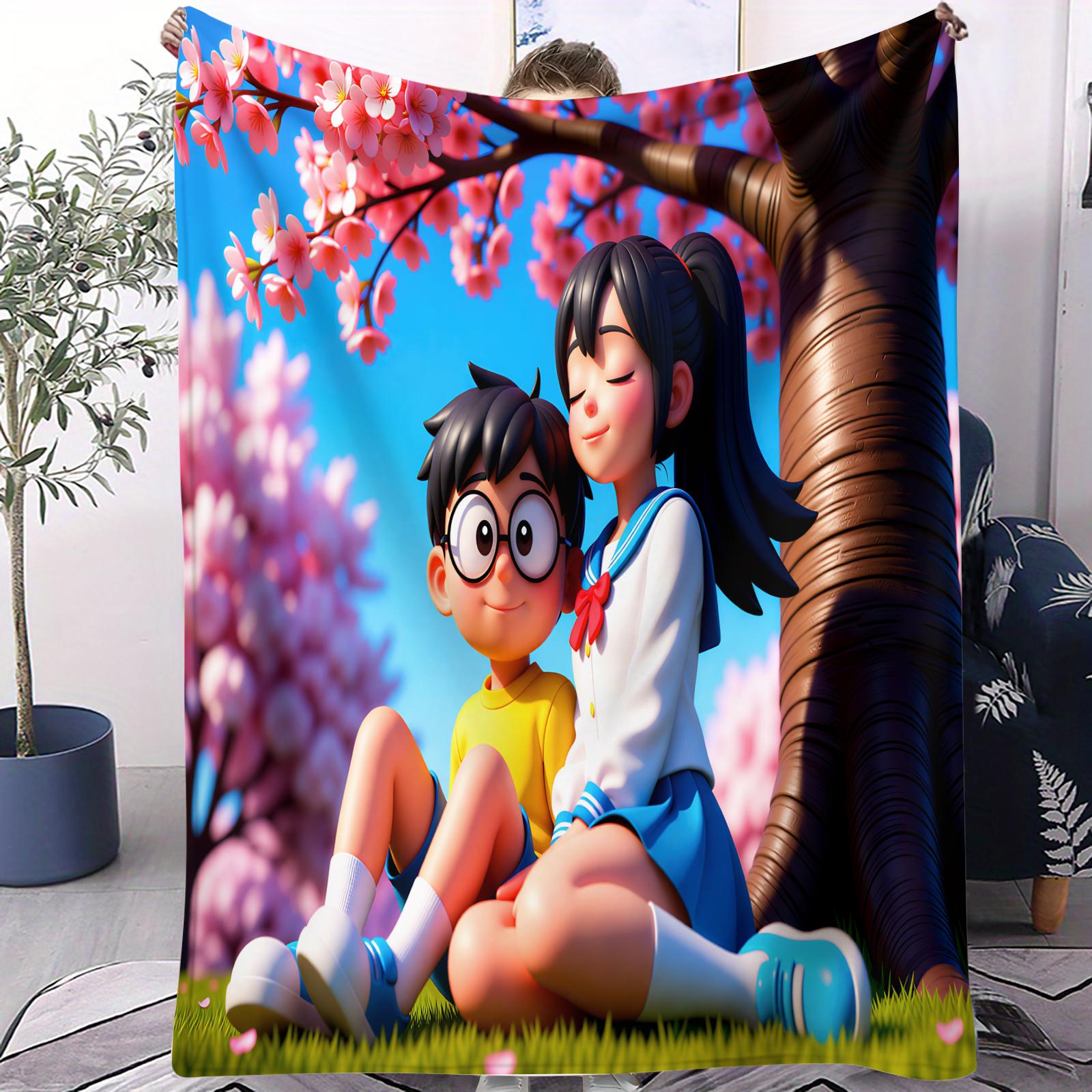 

3D Doraemon Bell Splash Cute Cartoon Print Fleece Throw Blanket for Adult Quality Super Soft Warm Blanket for Travel Office Home 70x100cm