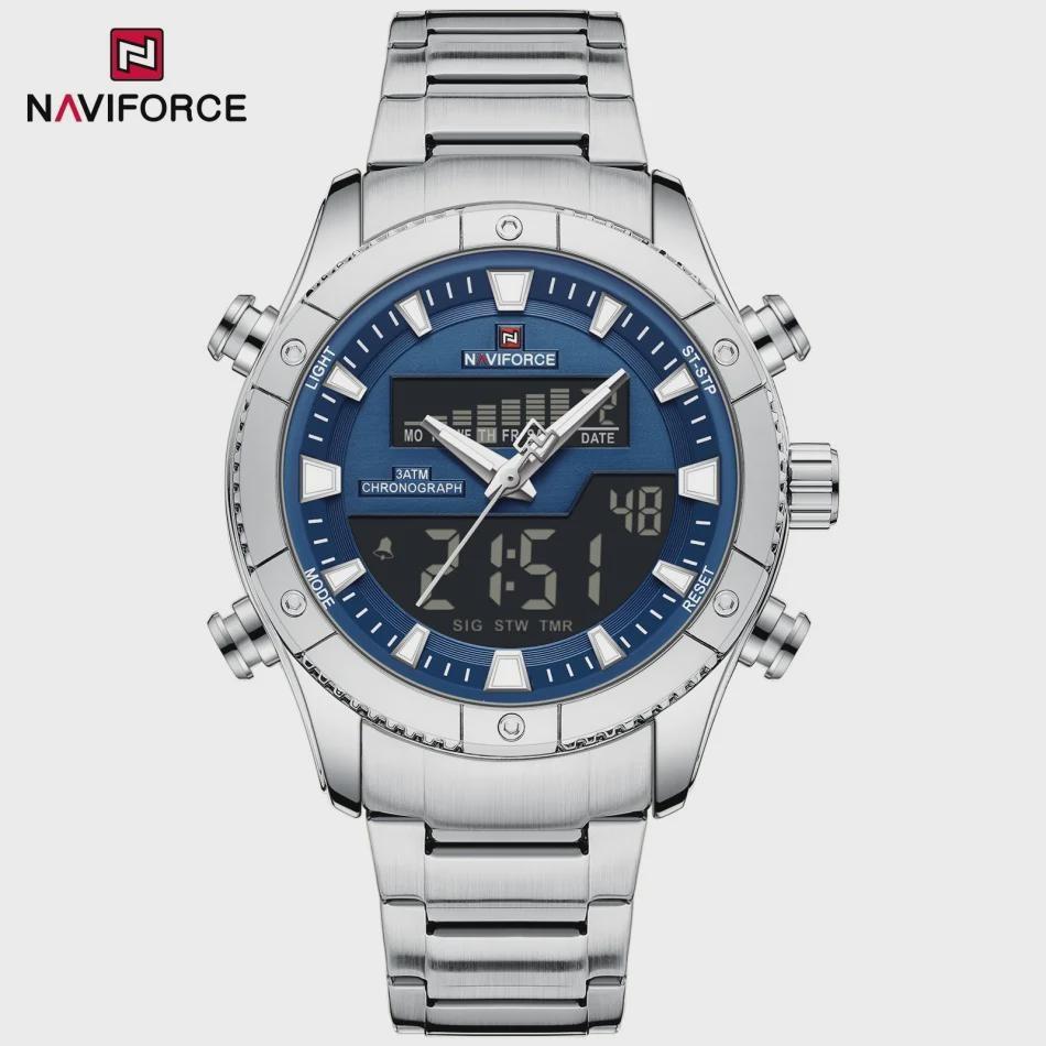 

Mens Steel Watch Waterproof Dual Display Time Multi-Function Chronograph LED Digital Watches Sport Alarm Mode Clock Silver Strap синій