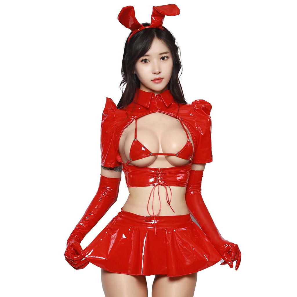 Sexy Womens Lolita Patent Leather Bunny Girl Costume Outfit Top Triangle Bra Ruffle Mini Skirt Bunny Ear Headband Cosplay Animal
