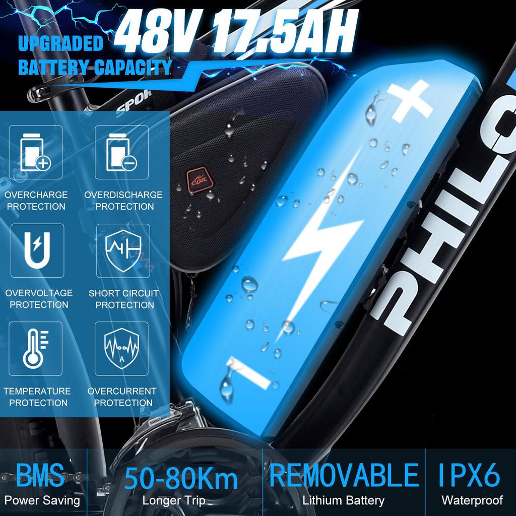 Electric Bike All Terrain Philodo H7 Pro 26" 1000W Motor 21 Speed Adult Electric Bicycle 48V 17.5AH Fat Tire Max Load 150Kg