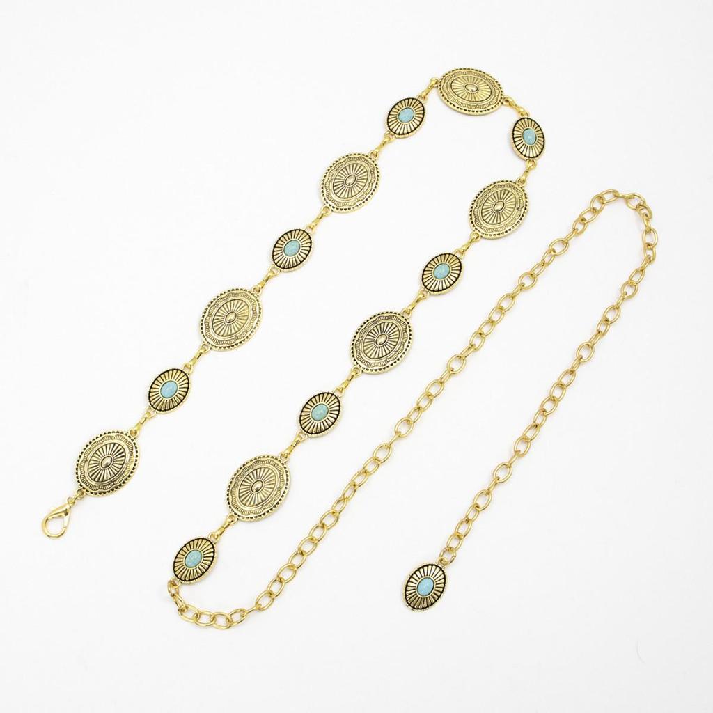 Turquoise Retro Ethnic Waist Chain: Versatile Slimming Accessory for Dresses
