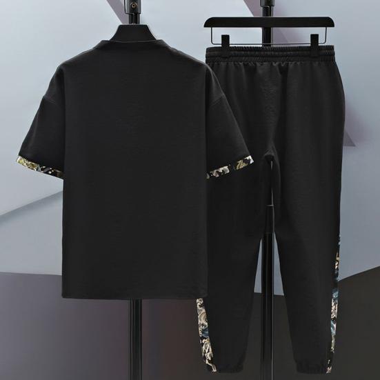 2Pcs/Set Men Summer Outfit Stand Collar Short Sleeve T-shirt Elastic Waist Drawstring Ice Silk Pants Set Tiger Print Casual Suit
