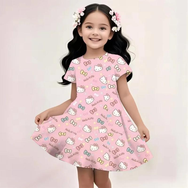 Sanrio New Summer Girls Dress Hello Kitty 3D Printed Fashionable Cartoon Cute Princess Girls Clothes Skirt