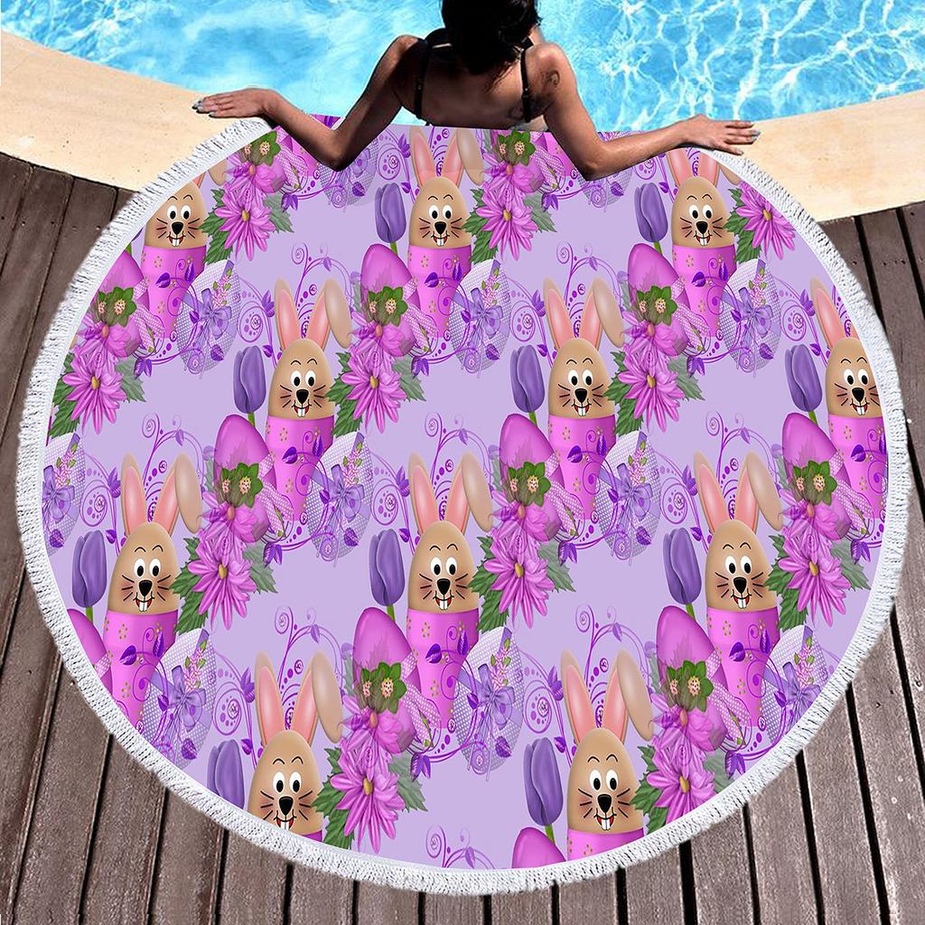Cartoon Easter Egg Round Beach Towel with Tassels Roundie Yoga Meditation Mat Picnic Rug, Sand Proof Absorbent Circle Swim Towel