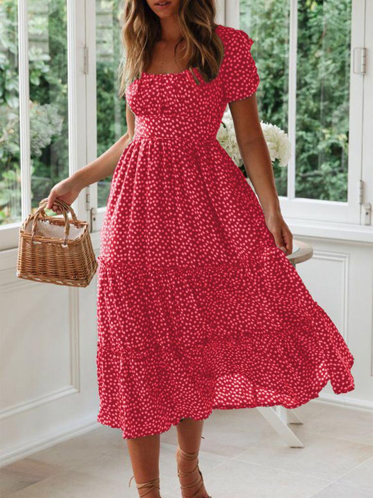 New Wish Floral Bubble Sleeve Ruched Dress Long Dress