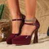 Thick Heel Pointed Burgundy Large Size Super High Heel Simple Waterproof Table Patent Leather Women's Shoes Single Shoes 43
