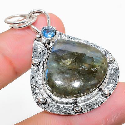 Labradorite Naturale, Pietra Preziosa Topazio Azzurro Ciondolo in Argento Sterling 925 2,09" P1O94