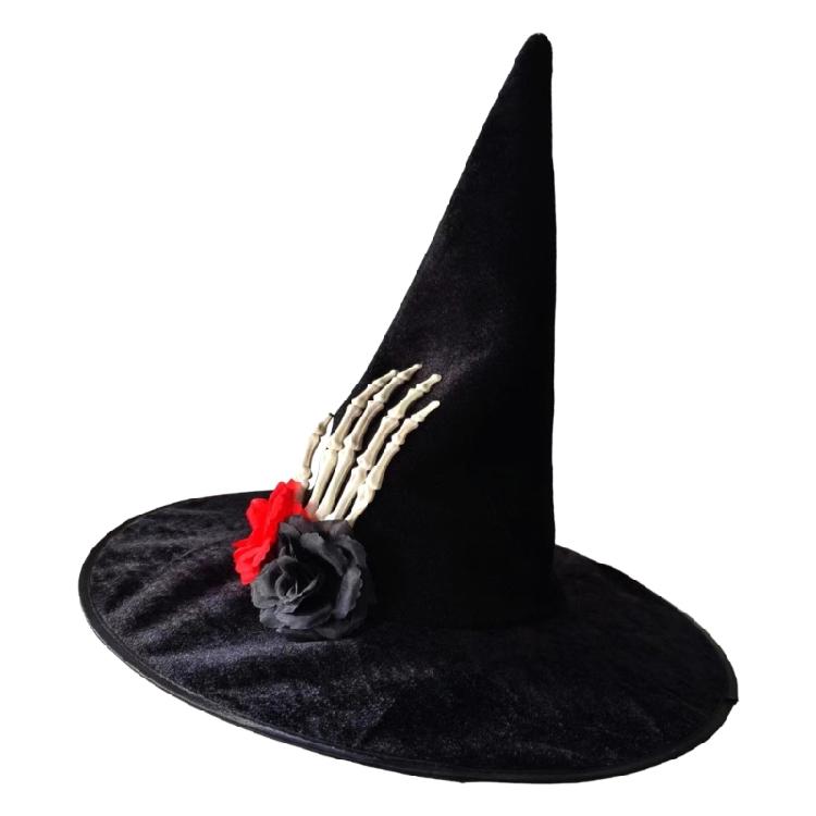 

Comfortable Witch Hat with Skull Hand Rose Applique for Halloween Headpieces School Performances Carnivals Party Costume 1