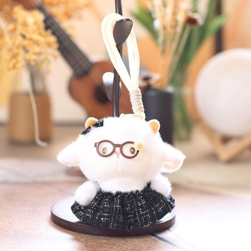 Soft Fluffy Lamb Plush Keychain Mini Cute Glasses Dress Design Car Key Pendant for Women Handbag Decoration Small Gift