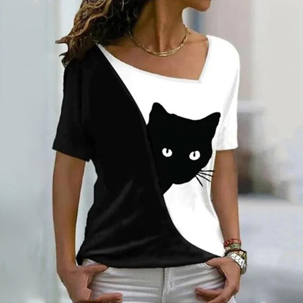 

Футболки с 3D принтом забавных котов для женщин, повседневная футболка с коротким рукавом и V-образным вырезом, футболка с рисунком Kawaii, свободная одежда для девочек и женщин 4XL