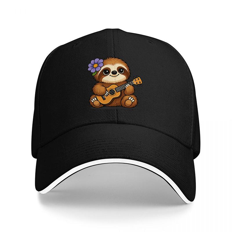 Faultier spielt Ukulele Baseballkappe mit Blumenmuster Schwarz Verstellbare Mütze für Musikliebhaber und Naturliebhaber