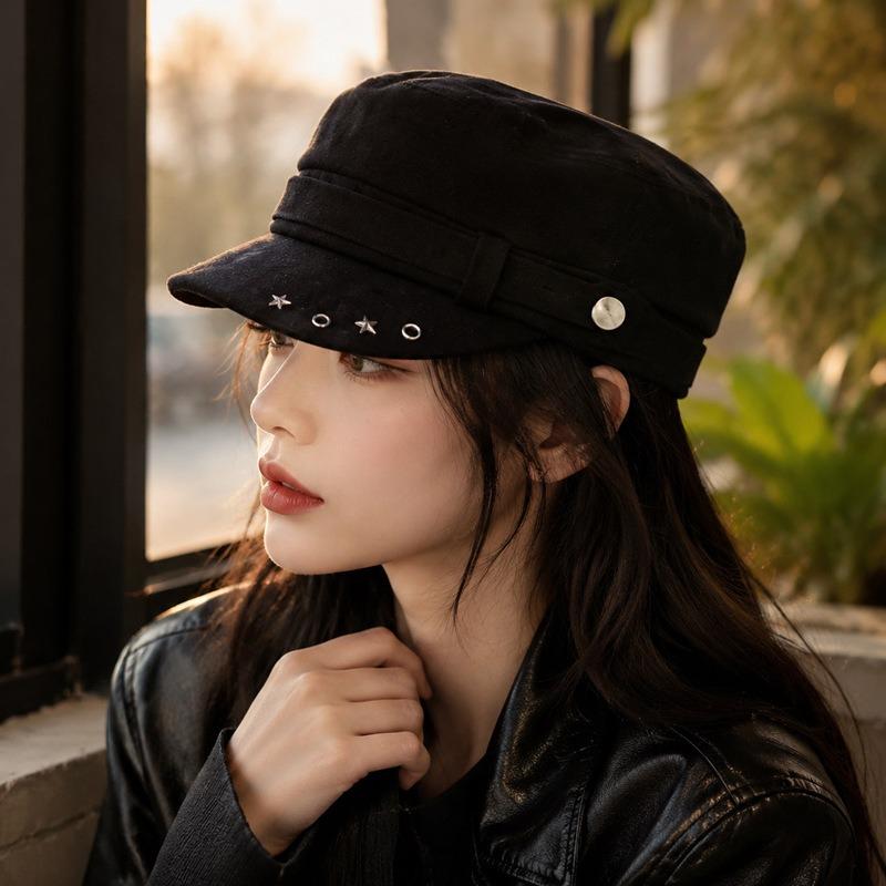 Womens Autumn Winter Flat Top Equestrian Hat Solid Color Versatile Casual Hat