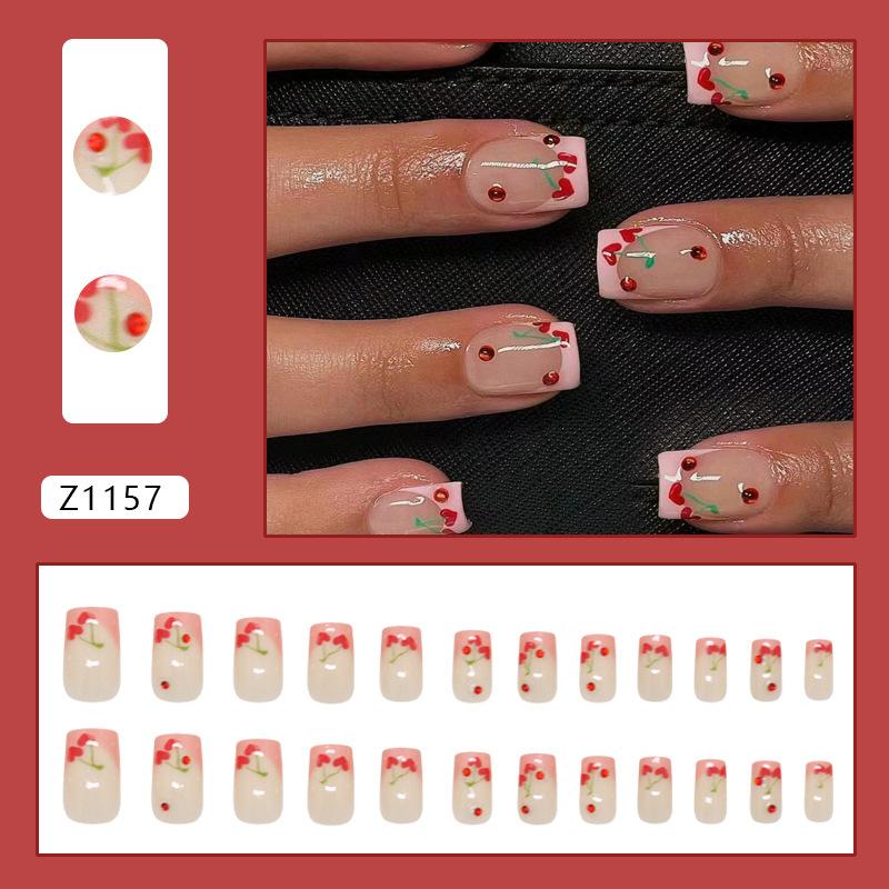 Sweet love cherry light pink French sparkling red diamond European and American ins style removable wearable armor 24 pieces