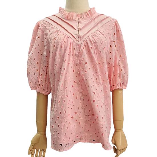 Women Tops V-Neck Puff Short Sleeves Hollow Out Crochet Shirt Solid Color Loose Fit Blouse Outdoor Leisure Wear