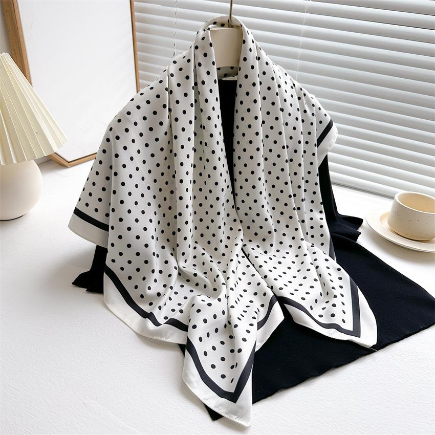 Literary Polka Dot Korean Version Printed Silk Scarf 90Cm Twill Silk Scarf Light Luxury Versatile Large Square Scarf Shawl Headscarf