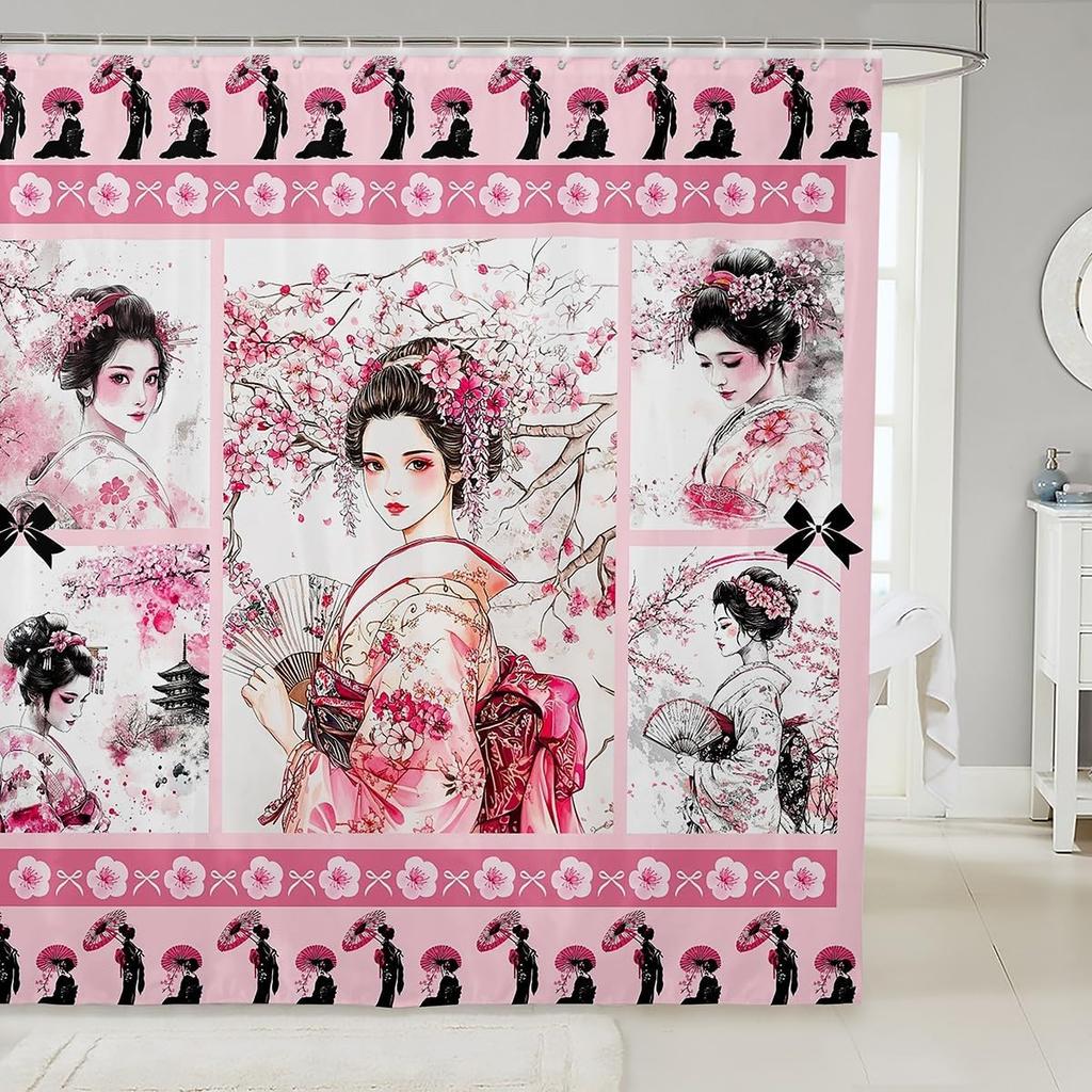 Kids Japanese Geisha Shower Curtain Boys Girls Cherry Blossoms Bathroom Shower Curtain Set Japanese Style Bath Curtain
