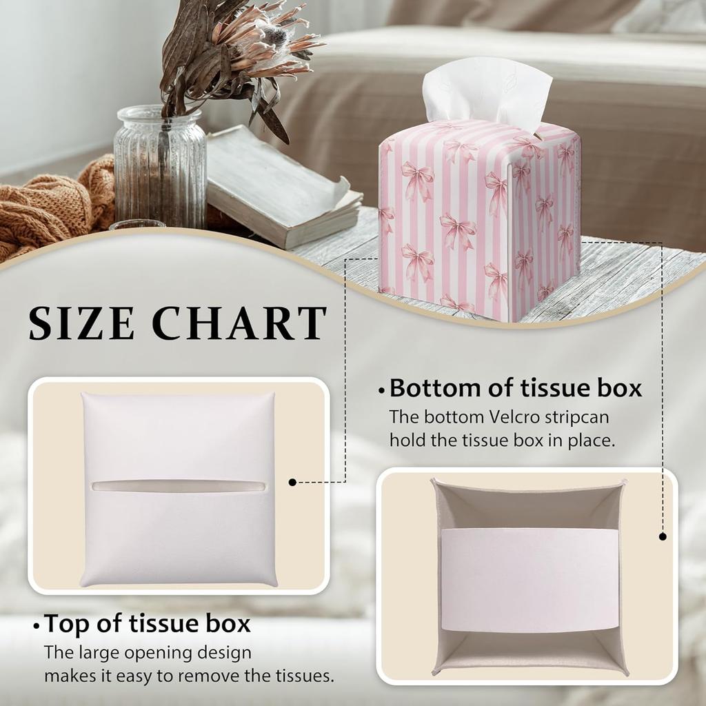 Pink Bow Stripes Tissue Box Cover, Cute Preppy Leather Tissue Box-Waterproof, Aesthetic Home Decor for Desktop Living Room Vanity Office, Gift Idea
