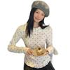 Women's Slim Fit Lace Plush Heart Print Button T-Shirt for Autumn/Winter