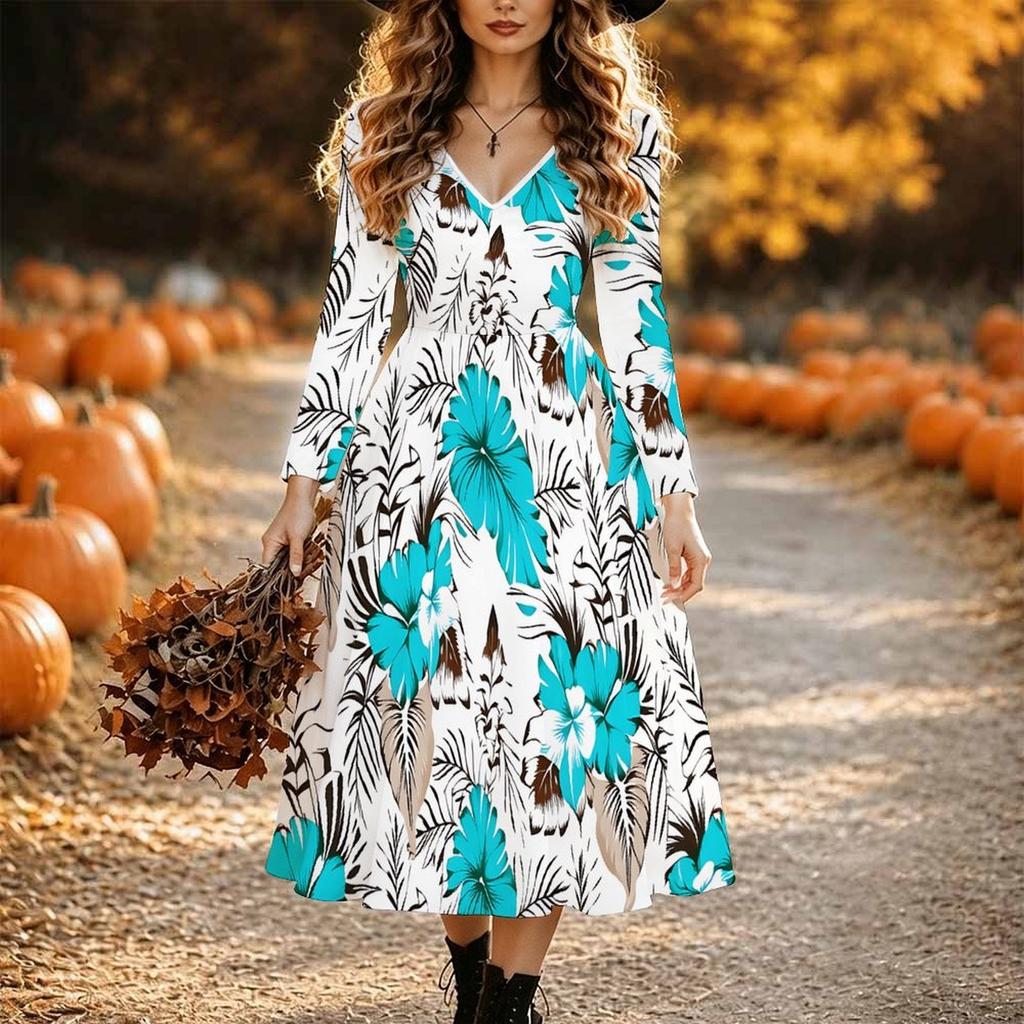 Halloween Women's Vintage Pattern Print Midi Dress A Line Dress Vacation Casual Daily Regular Fit Long Sleeve V Neck Black Spring Fall