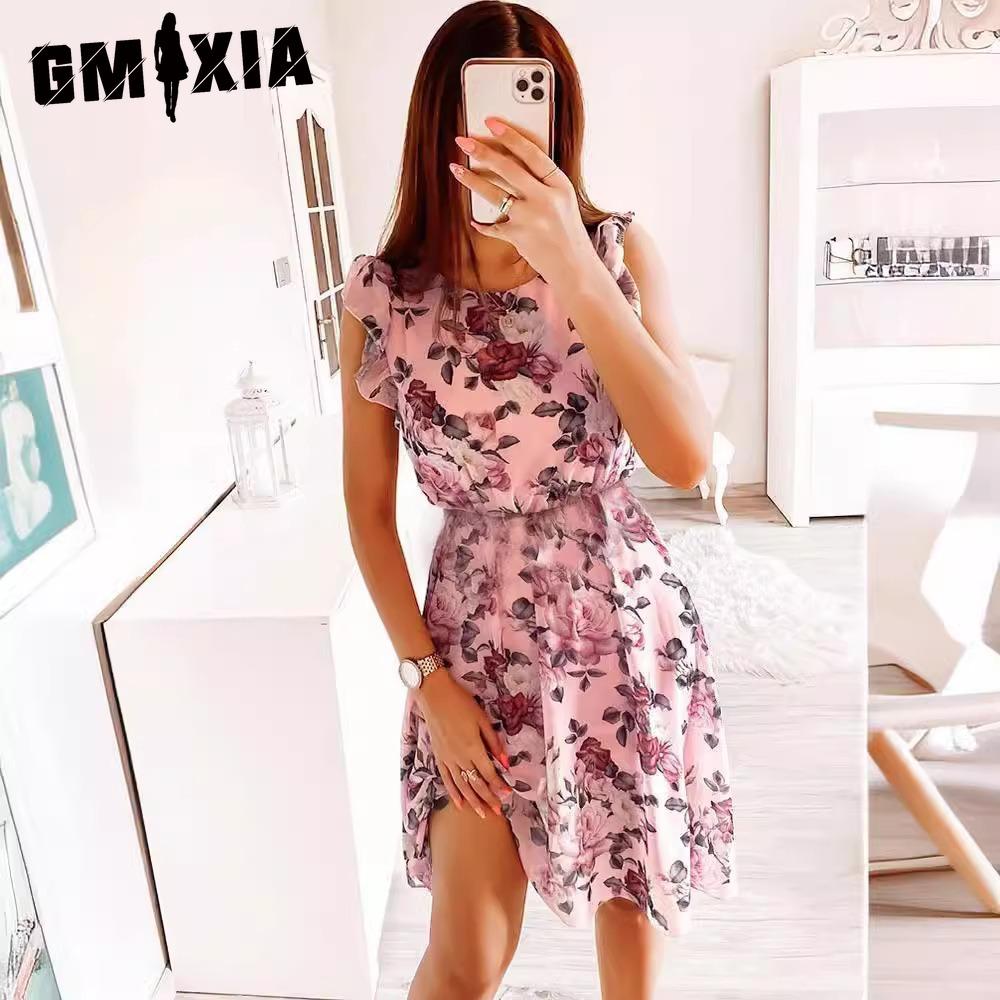 GMXIA Mode Damen Lässig Locker O-Ausschnitt Schmetterlingsärmel Blumenmuster Kleid