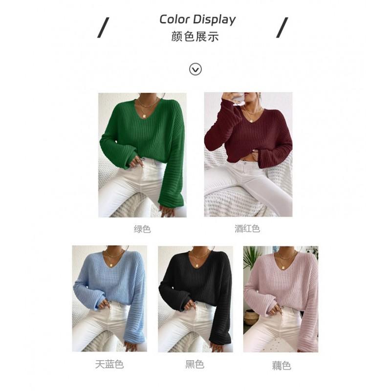 Womens V-Neck Lantern Sleeve Knit Sweater Pure Color Batwing Fit 2025 Lightweight Casual Top