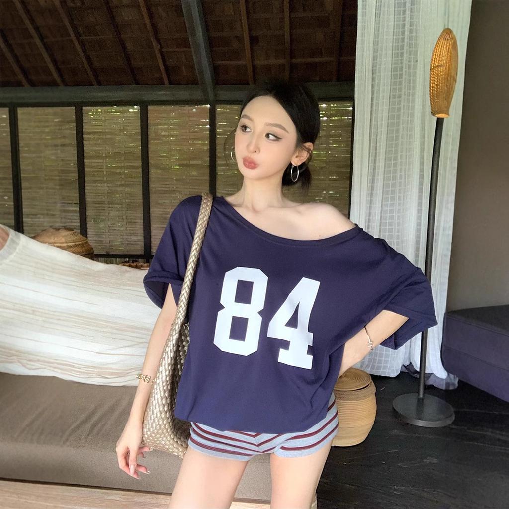 Letter Print Off-the-shoulder T-shirt for Women's Summer New Casual Loose Medium and Long Student Top for Women