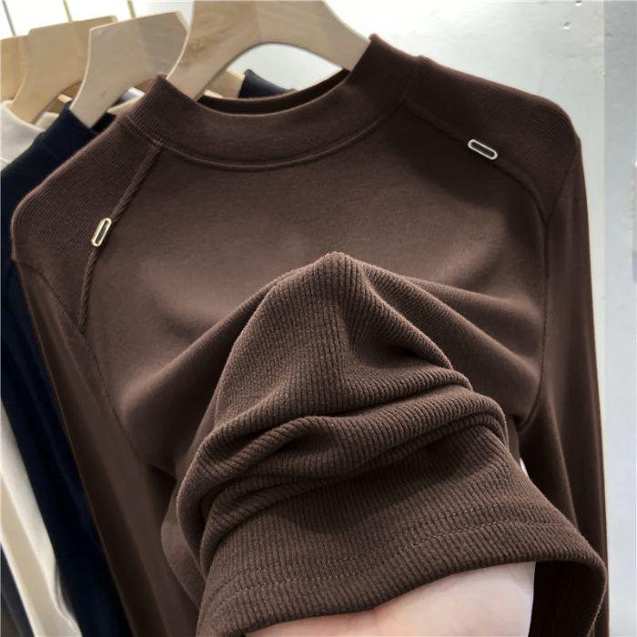 

European Style Women s Round Neck Long Sleeve Base Layer Top - 2025 Early Autumn Fashion with Shoulder Line Detail 2XL кофейный