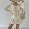 Abito da Spiaggia in Maglia da Donna con Intagli, Allacciatura con Fiocco, Schiena Scoperta, Scollo a V, Manica Lunga