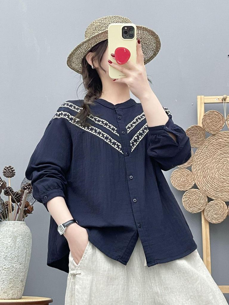 2026 Spring/Autumn New Literary Embroidered Cotton Gauze Stand-Collar Long Sleeve Women's Shirt