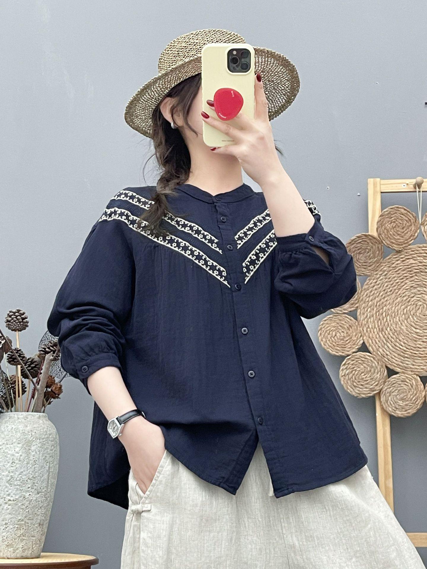 

2026 Spring/Autumn New Literary Embroidered Cotton Gauze Stand-Collar Long Sleeve Women s Shirt L темно-синього кольору