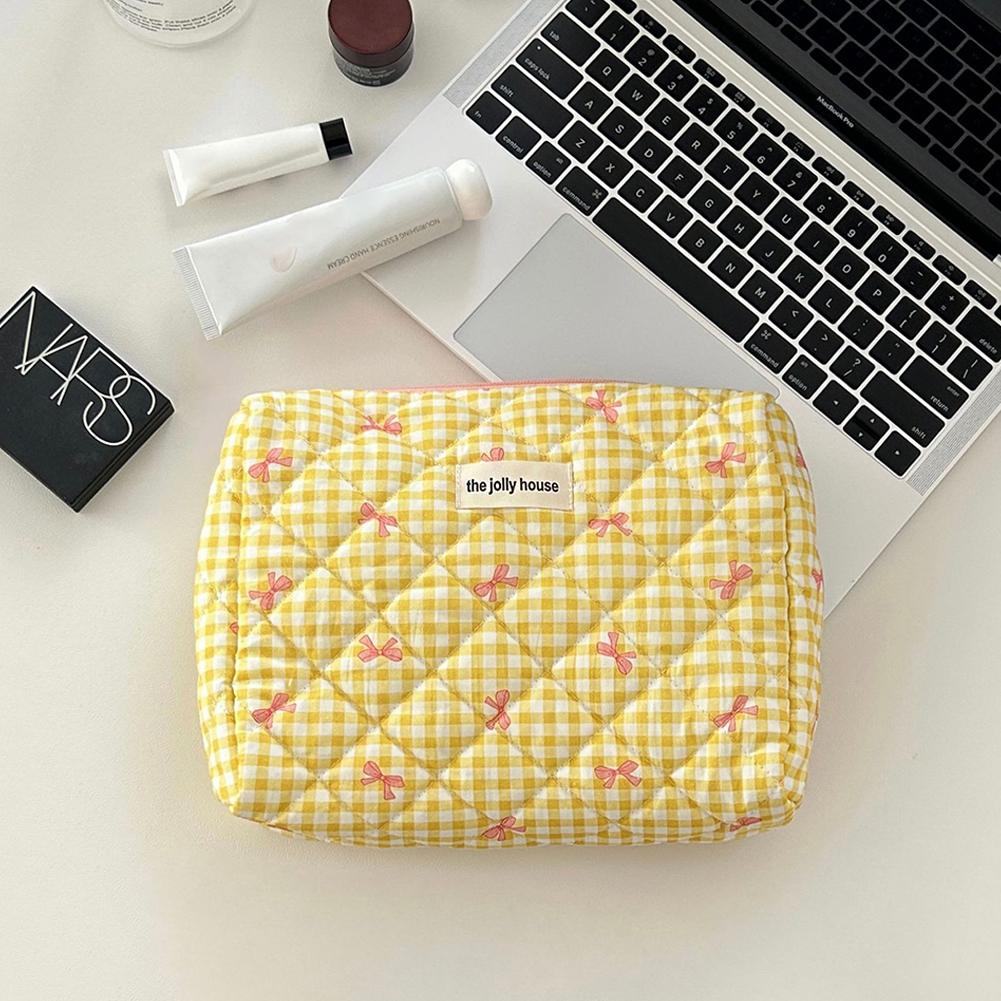 Checkered Cute Bow Travel Makeup Pouch with Zipper Toiletry Bag Cotton Quilted Cosmetic Organizer Case for Women and Girls